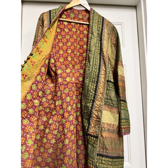 Silk Sari and Kantha Jacket High Low Hem Reversible Global Boho Patchwork Large - Picture 8 of 9